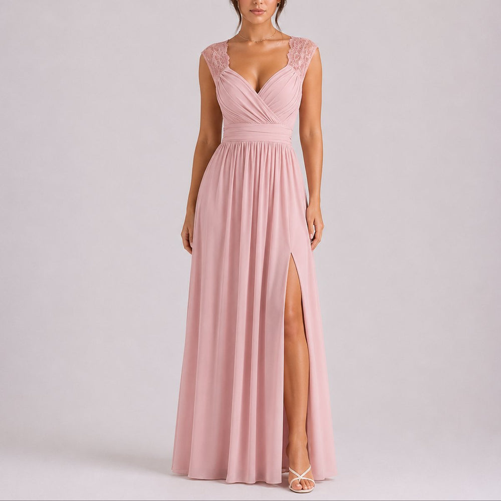 Women's Fall Wedding Guest Dresses Lace Shoulder Chiffon Maxi Gown Side Slit - Pink