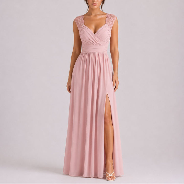 Women's Fall Wedding Guest Dresses Lace Shoulder Chiffon Maxi Gown Side Slit - Pink