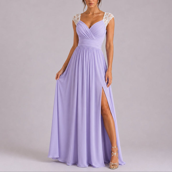 Women's Fall Wedding Guest Dresses Lace Shoulder Chiffon Maxi Gown Side Slit - Purple