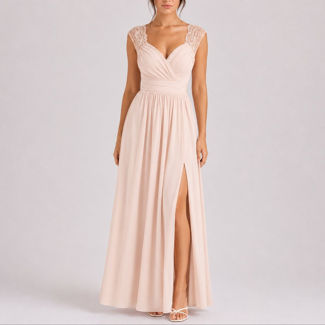 Women's Fall Wedding Guest Dresses Lace Shoulder Chiffon Maxi Gown Side Slit - Beige