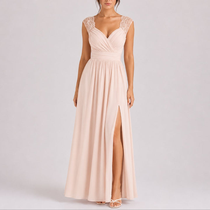 Women's Fall Wedding Guest Dresses Lace Shoulder Chiffon Maxi Gown Side Slit - Beige