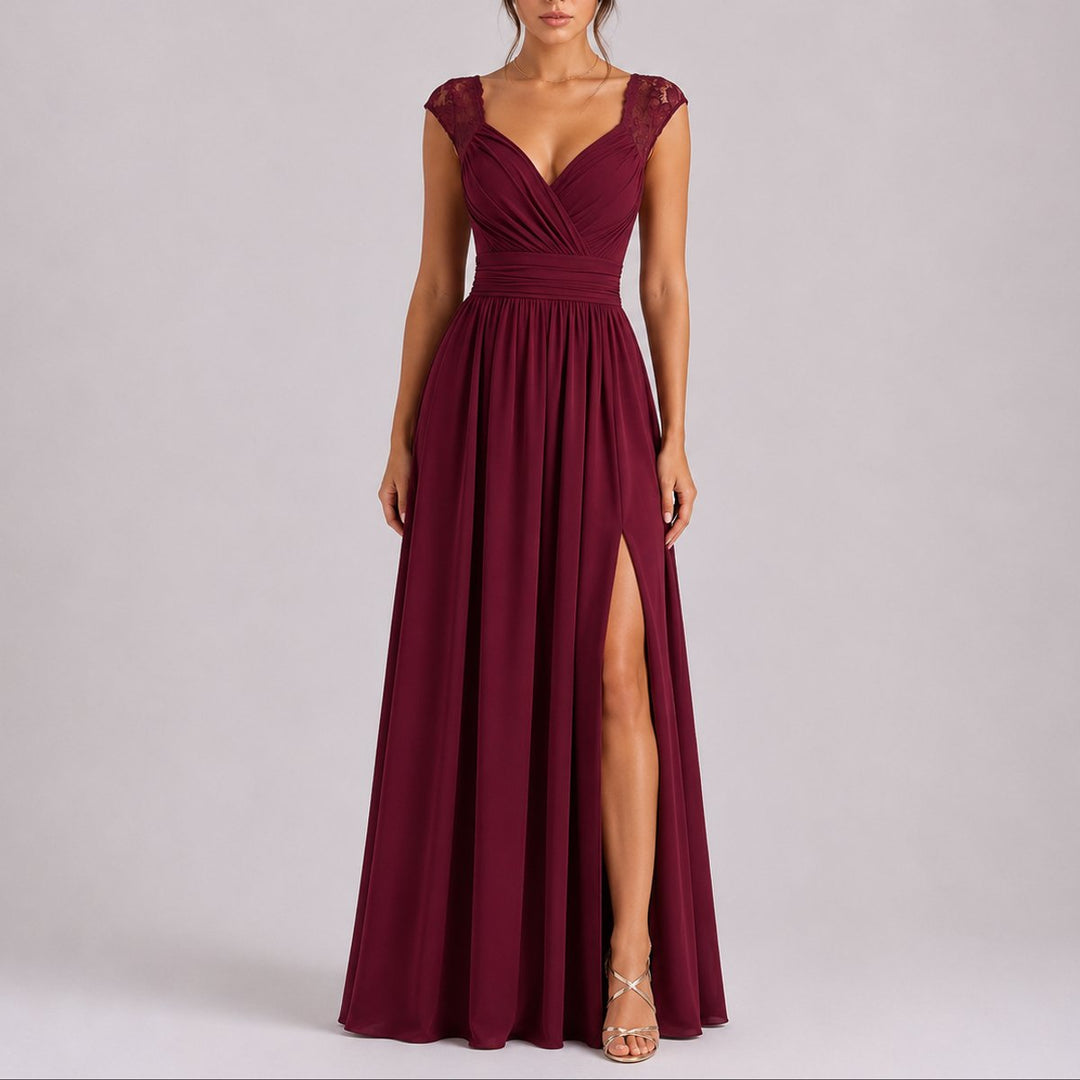 Women's Fall Wedding Guest Dresses Lace Shoulder Chiffon Maxi Gown Side Slit - Red Carpet