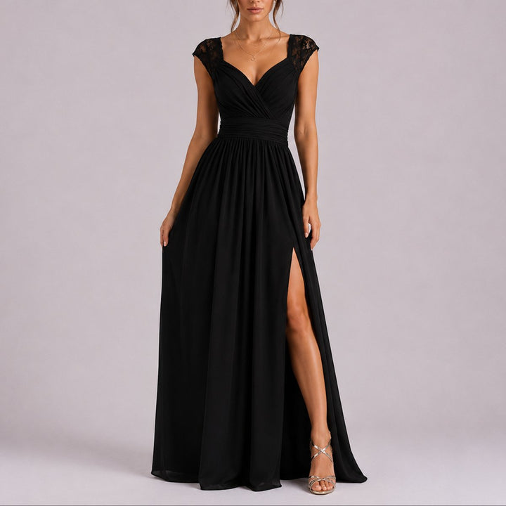 Women's Fall Wedding Guest Dresses Lace Shoulder Chiffon Maxi Gown Side Slit - Black