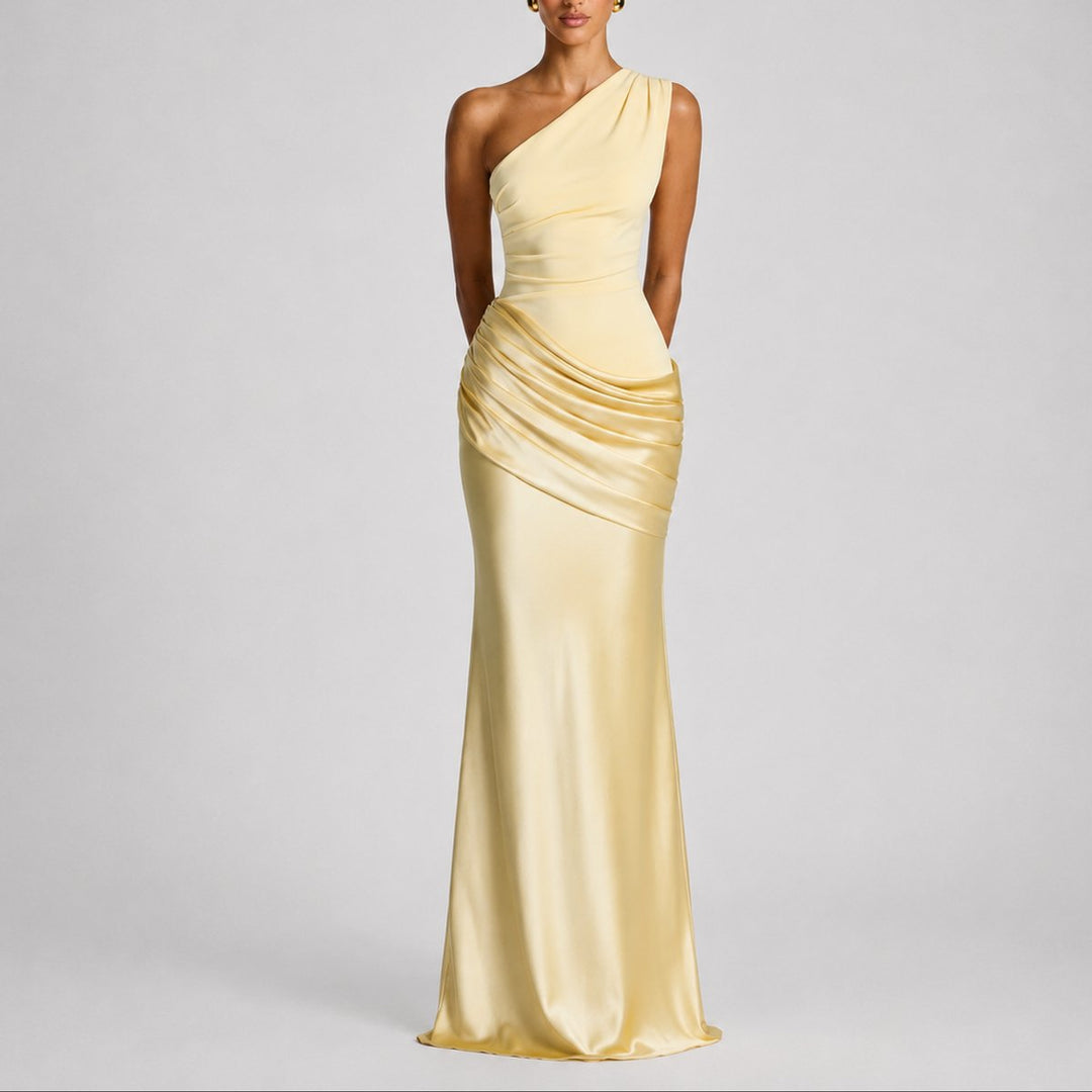 Women's Fall Wedding Guest Satin One-Shoulder Draped Maxi Gown - Yellow