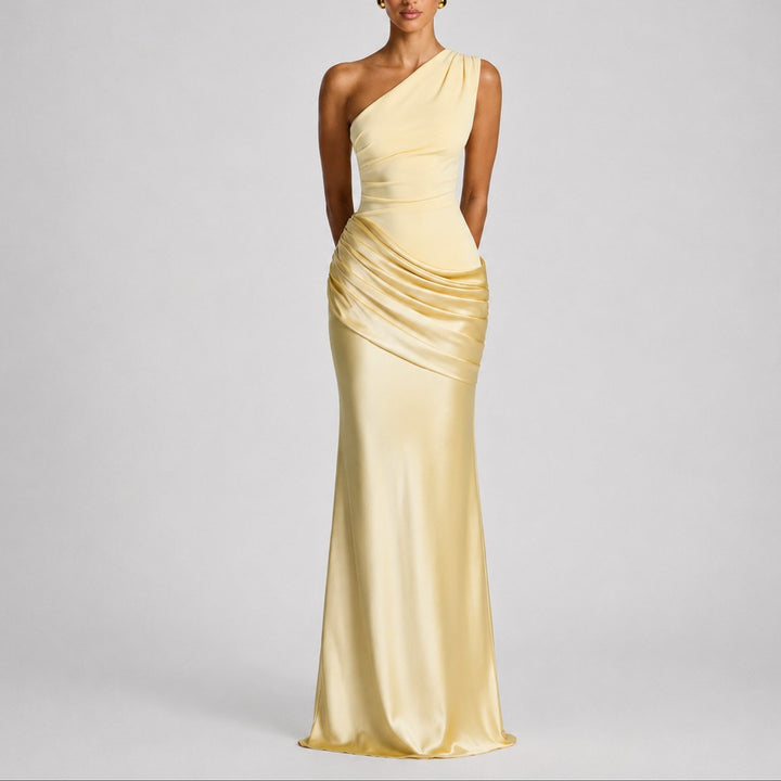 Women's Fall Wedding Guest Satin One-Shoulder Draped Maxi Gown - Yellow