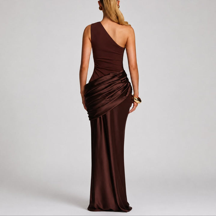 Women's Fall Wedding Guest Satin One-Shoulder Draped Maxi Gown