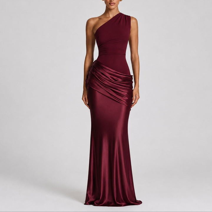 Women's Fall Wedding Guest Satin One-Shoulder Draped Maxi Gown - Red