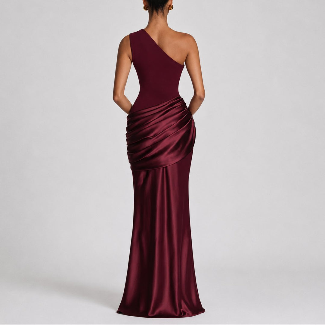 Women's Fall Wedding Guest Satin One-Shoulder Draped Maxi Gown