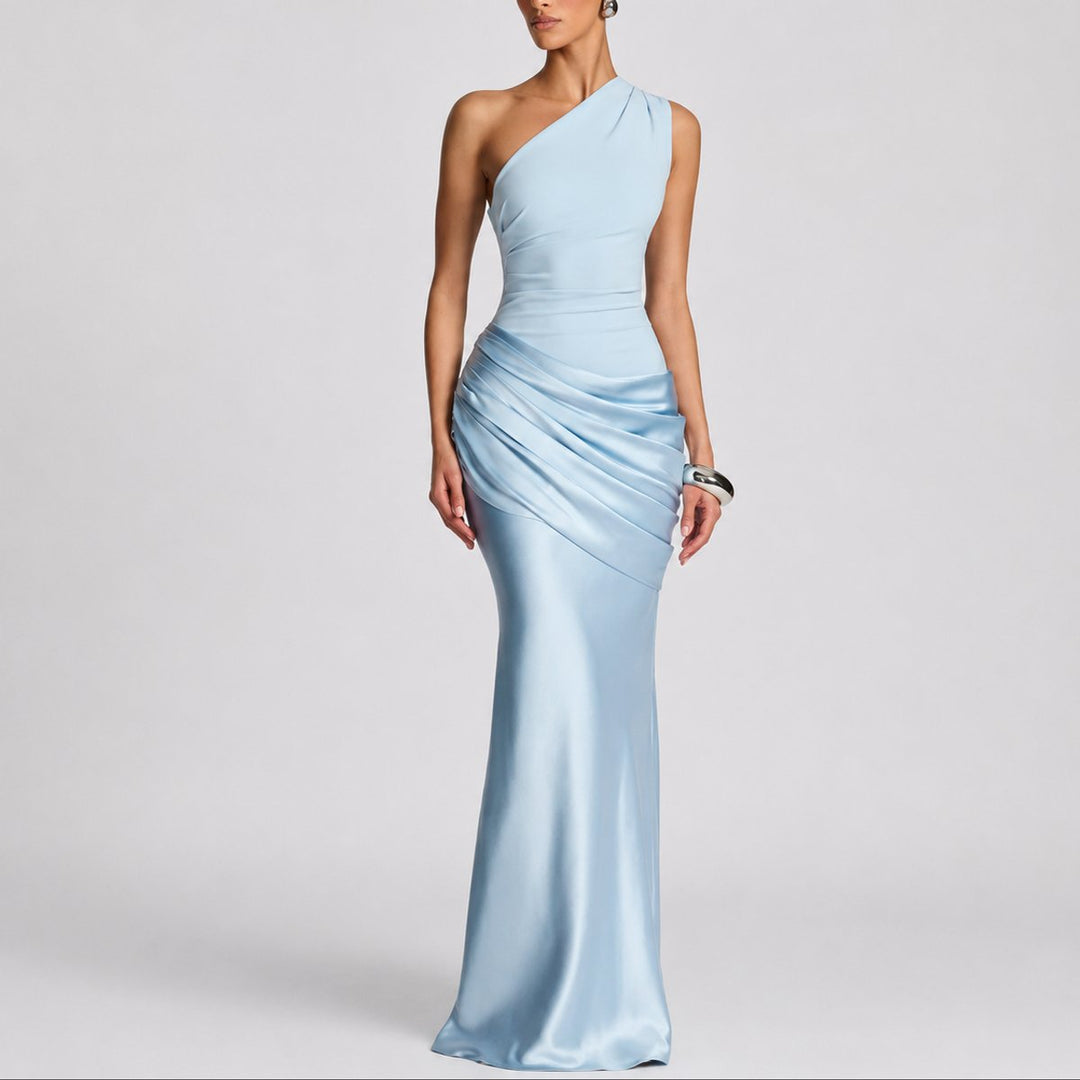 Women's Fall Wedding Guest Satin One-Shoulder Draped Maxi Gown - Light Blue