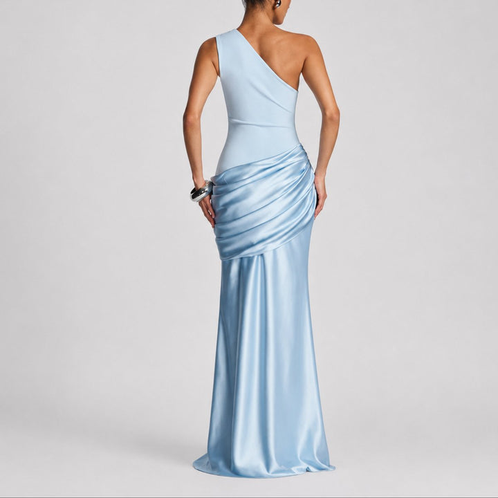 Women's Fall Wedding Guest Satin One-Shoulder Draped Maxi Gown