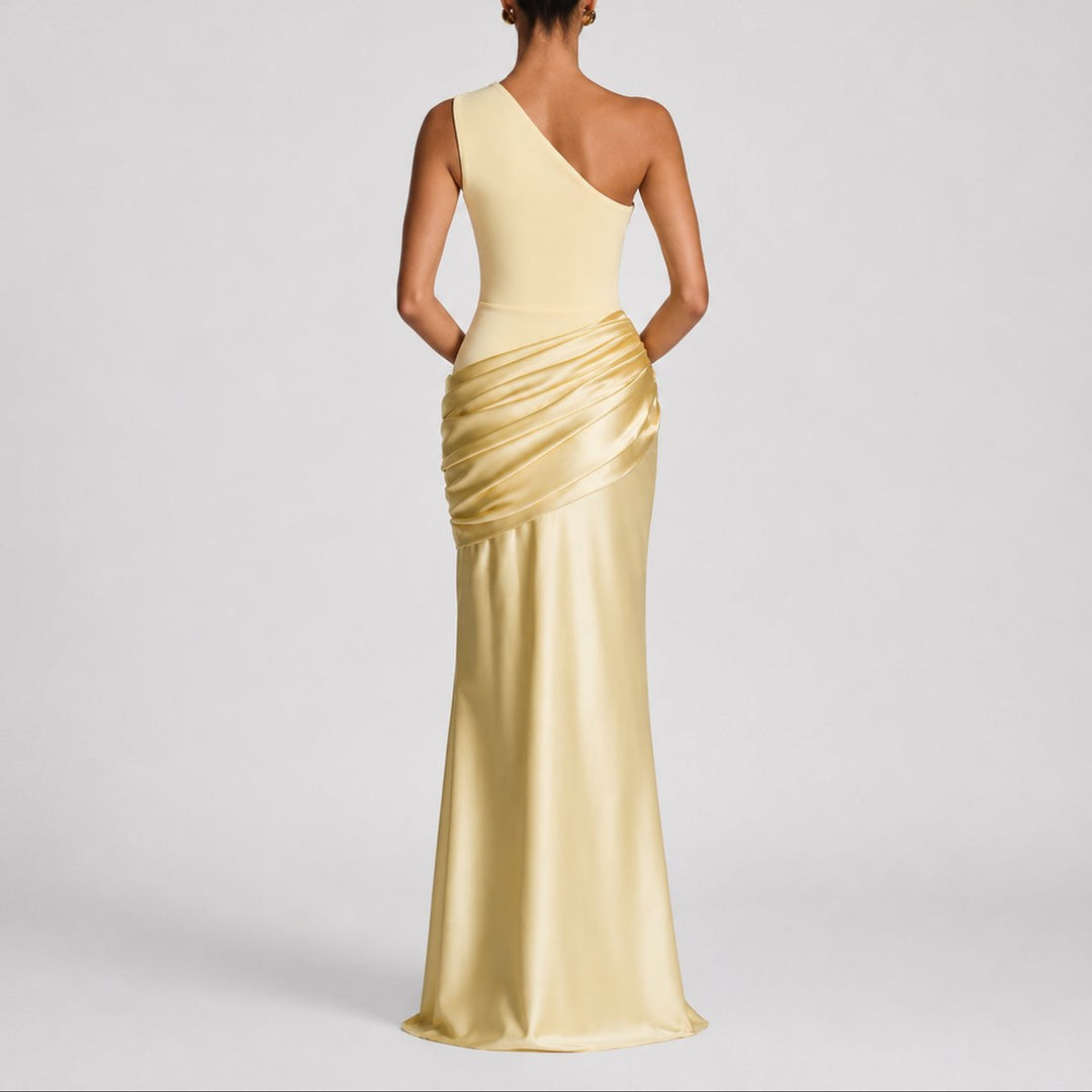 Women's Fall Wedding Guest Satin One-Shoulder Draped Maxi Gown