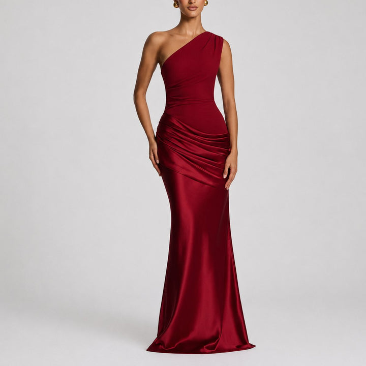 Women's Fall Wedding Guest Satin One-Shoulder Draped Maxi Gown