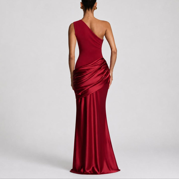 Women's Fall Wedding Guest Satin One-Shoulder Draped Maxi Gown