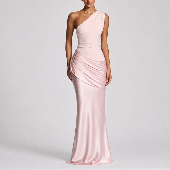 Women's Fall Wedding Guest Satin One-Shoulder Draped Maxi Gown - Pink