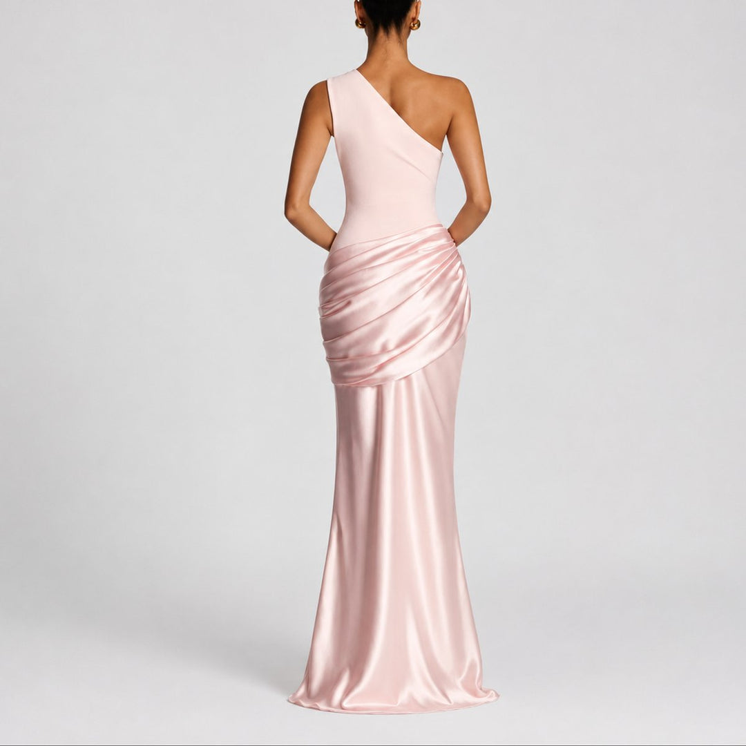 Women's Fall Wedding Guest Satin One-Shoulder Draped Maxi Gown