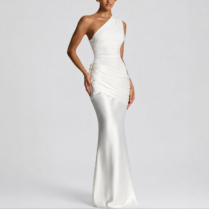 Women's Fall Wedding Guest Satin One-Shoulder Draped Maxi Gown - White