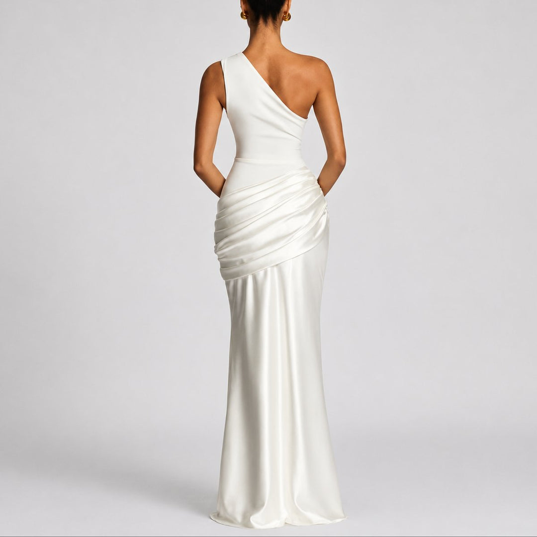 Women's Fall Wedding Guest Satin One-Shoulder Draped Maxi Gown