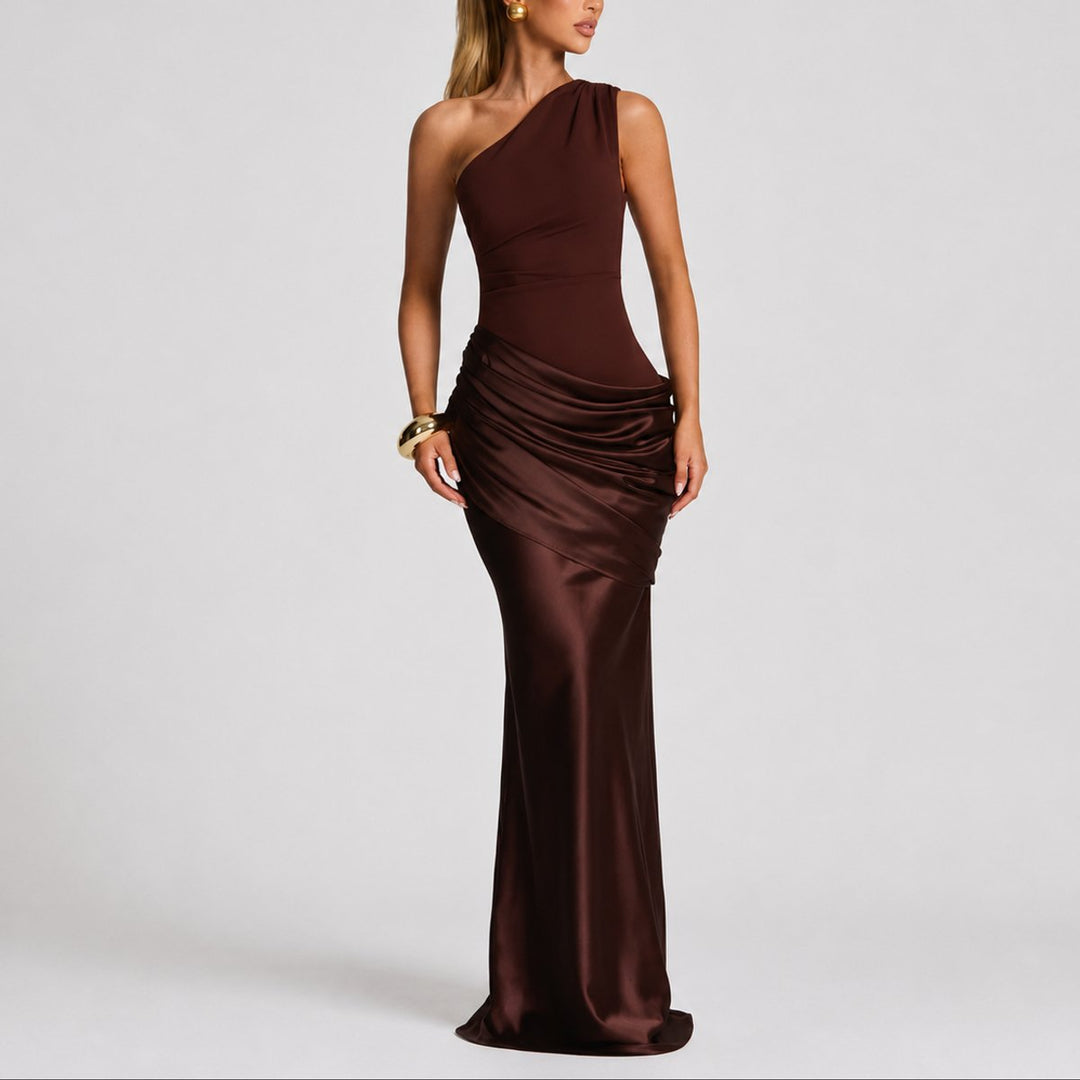 Women's Fall Wedding Guest Satin One-Shoulder Draped Maxi Gown - Brown
