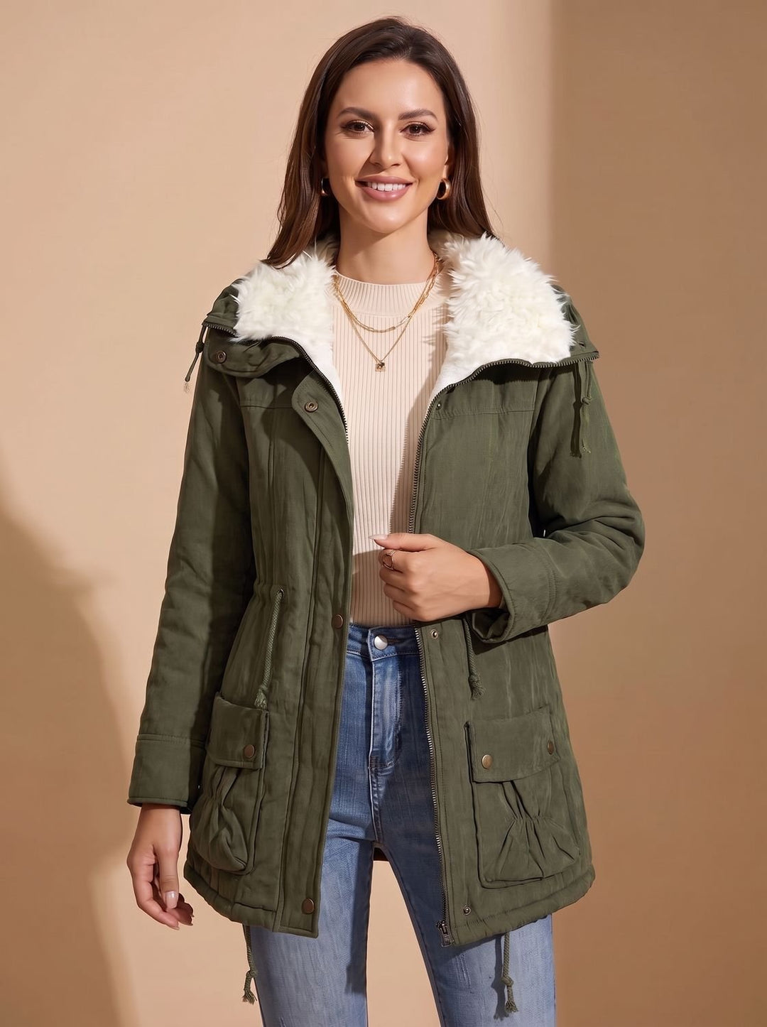 Women's Faux-Fur Collar Drawstring-Waist Insulated Parka Coat - Olive Green