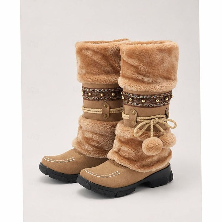 Women's Faux-Fur Cuff Boho Snow Boots Mid-Calf - Brown