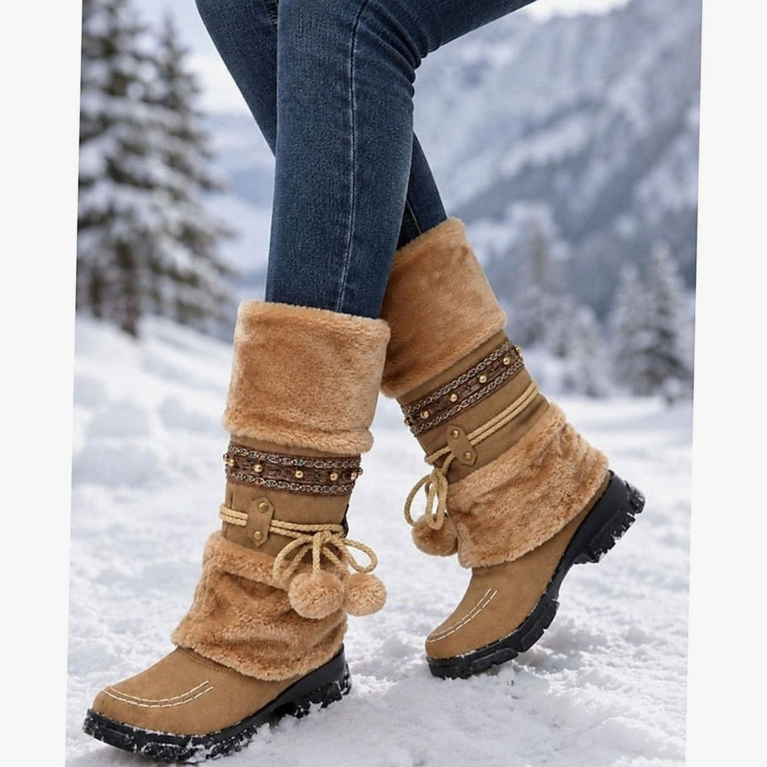 Women's Faux-Fur Cuff Boho Snow Boots Mid-Calf