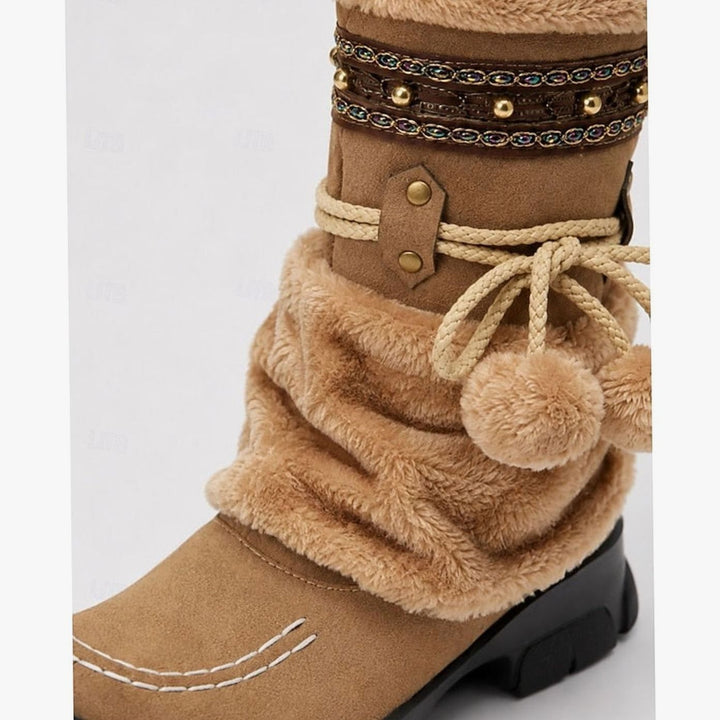 Women's Faux-Fur Cuff Boho Snow Boots Mid-Calf