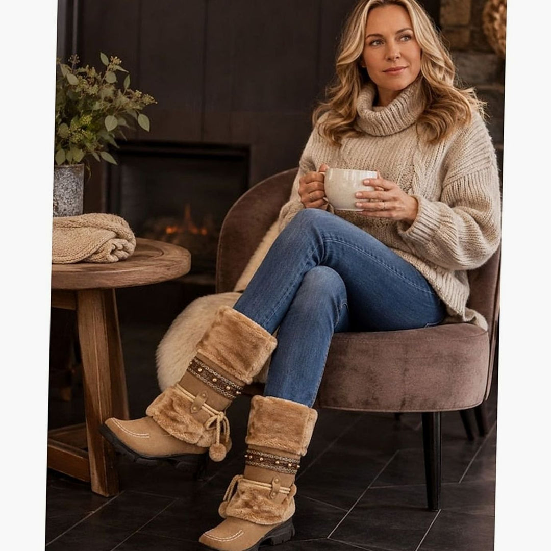 Women's Faux-Fur Cuff Boho Snow Boots Mid-Calf
