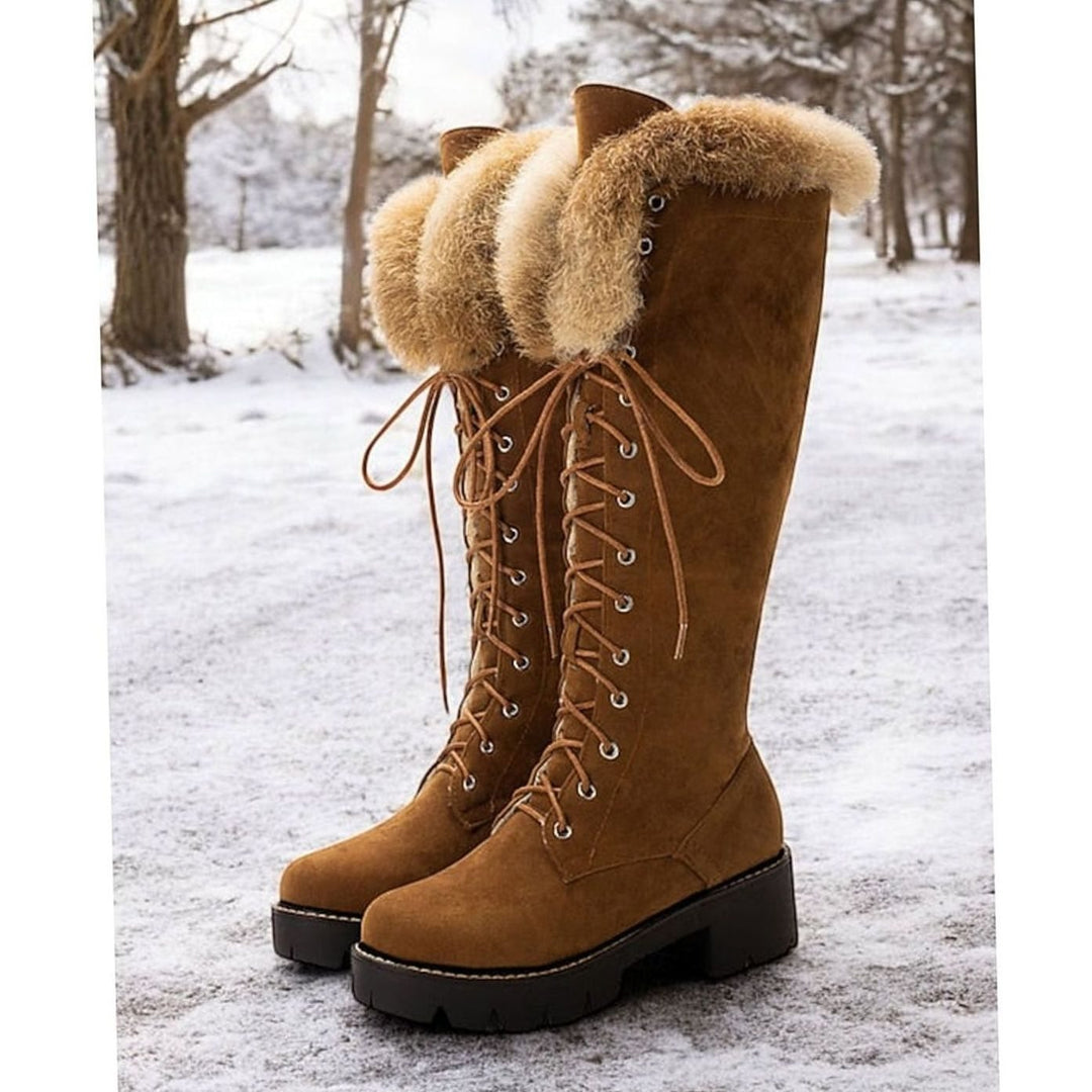 Women's Faux-Fur Cuff Lace-Up Knee-High Winter Snow Boots - Camel