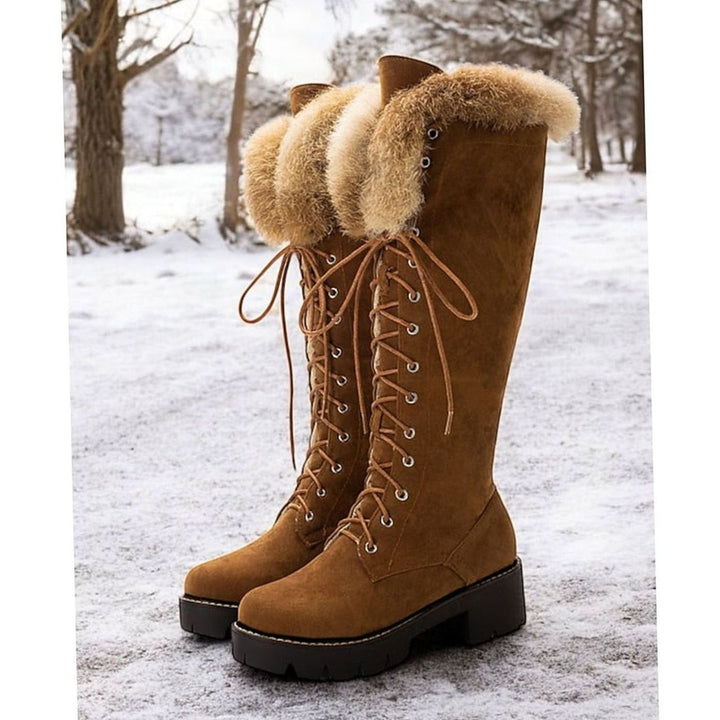 Women's Faux-Fur Cuff Lace-Up Knee-High Winter Snow Boots - Camel