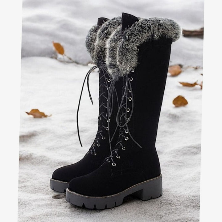 Women's Faux-Fur Cuff Lace-Up Knee-High Winter Snow Boots - Black