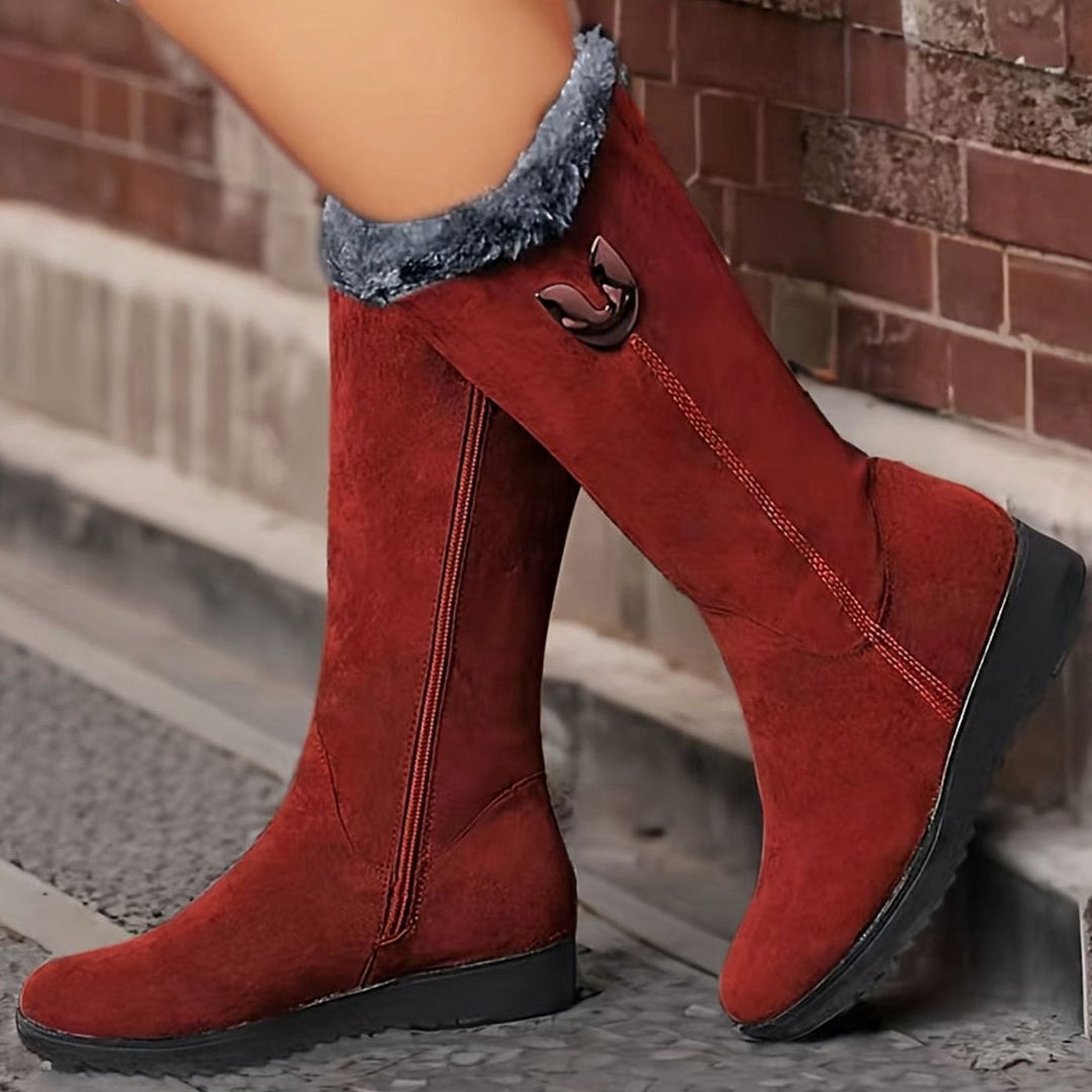 Women's Faux-Fur Cuffed Slip-On Mid-Calf Winter Snow Boots - Red