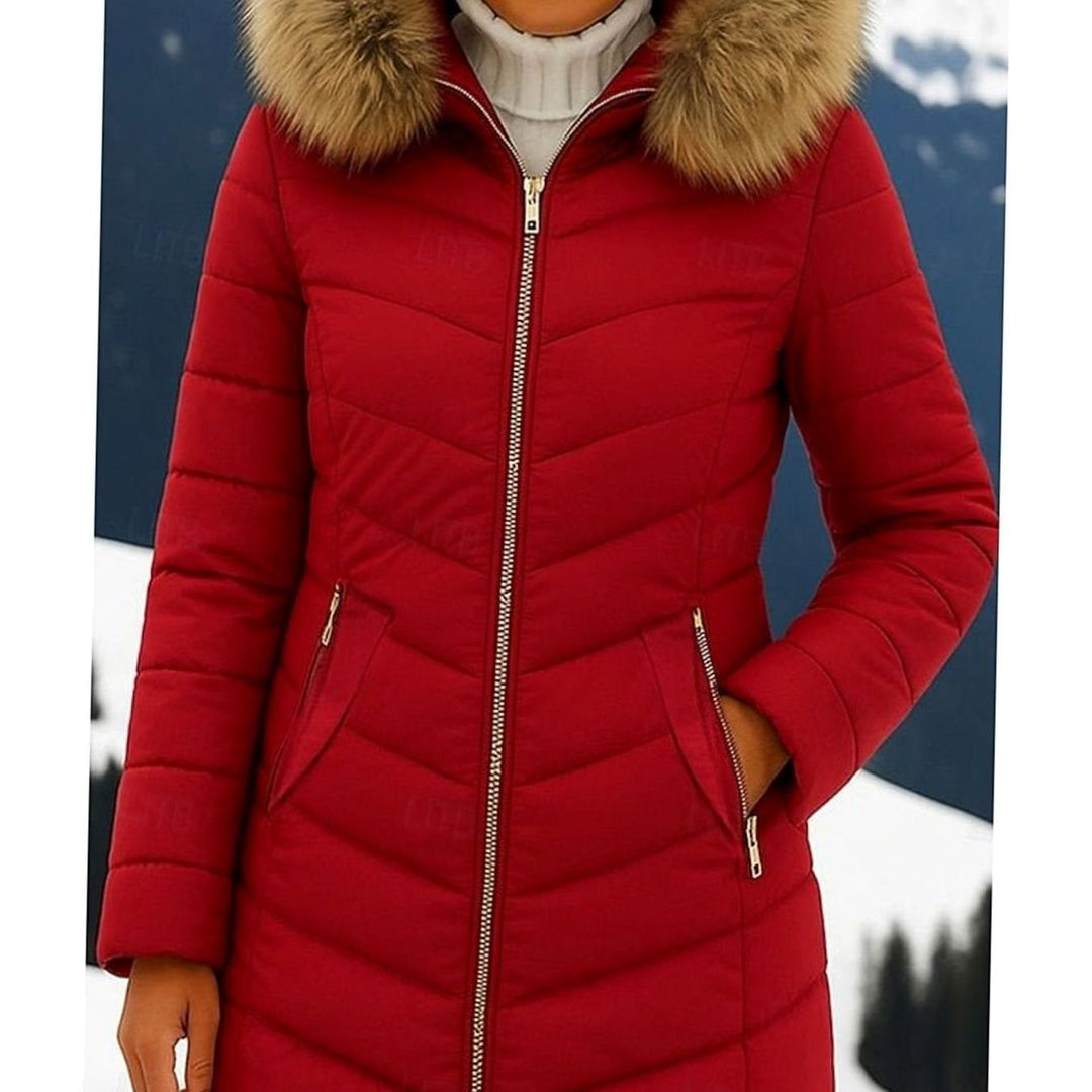 Women's Faux Fur Hood Quilted Jacket Zip-Up Puffer Coat - Wine Red