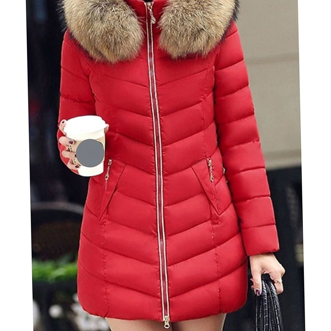 Women's Faux Fur Hood Quilted Jacket Zip-Up Puffer Coat - Red