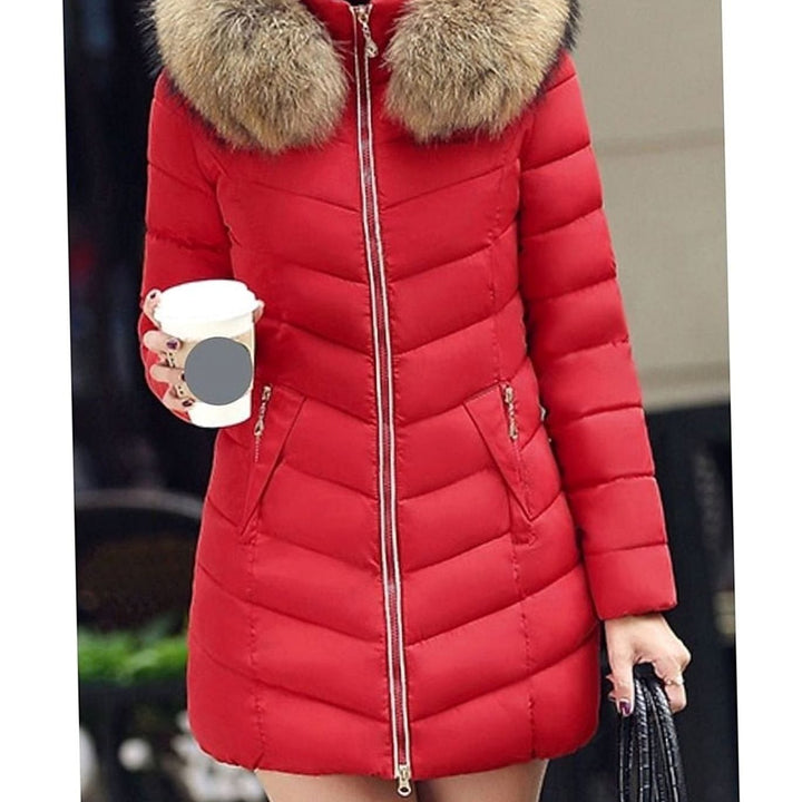 Women's Faux Fur Hood Quilted Jacket Zip-Up Puffer Coat - Red