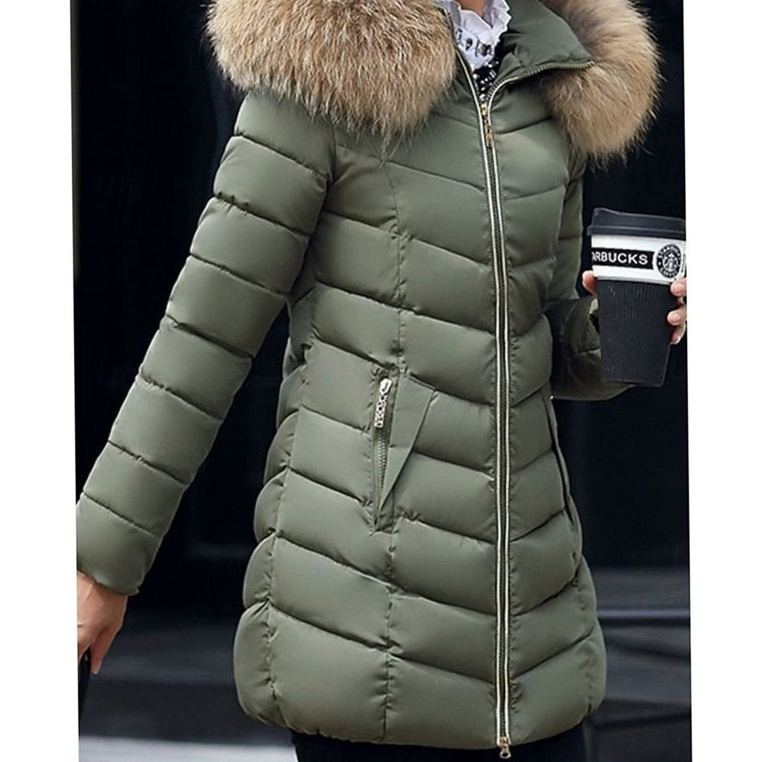 Women's Faux Fur Hood Quilted Jacket Zip-Up Puffer Coat - Olive Green