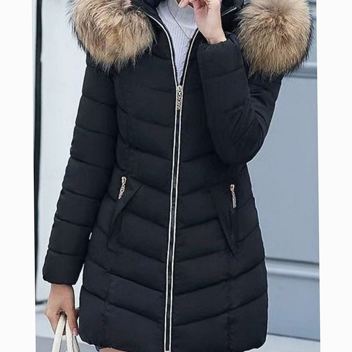 Women's Faux Fur Hood Quilted Jacket Zip-Up Puffer Coat - Black