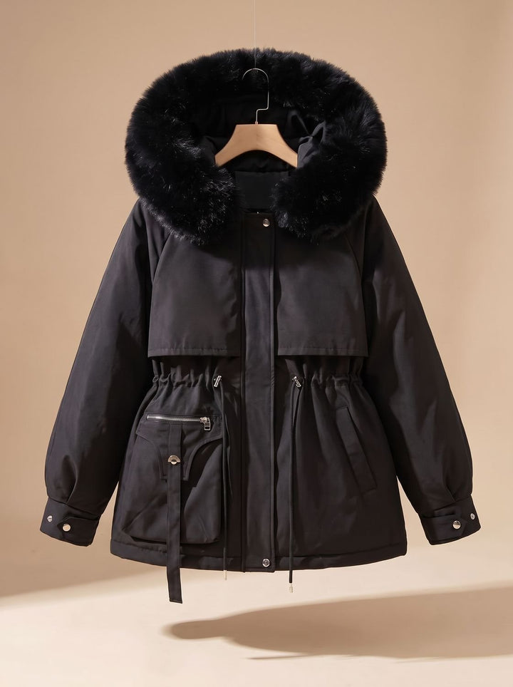 Women's Faux-Fur Hooded Drawstring Cinched Puffer Jacket - Black