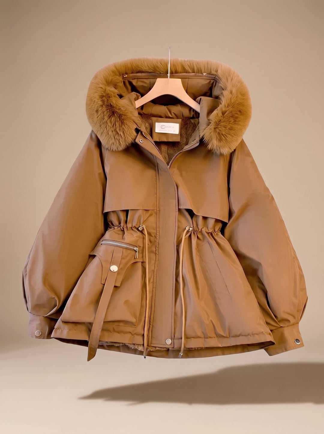 Women's Faux-Fur Hooded Drawstring Cinched Puffer Jacket - Brown