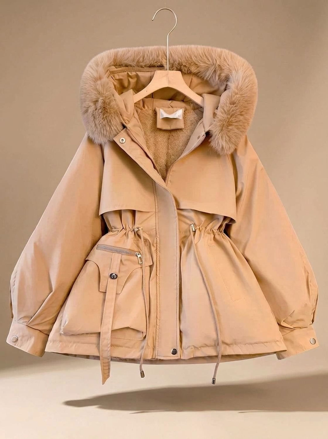 Women's Faux-Fur Hooded Drawstring Cinched Puffer Jacket - Khaki