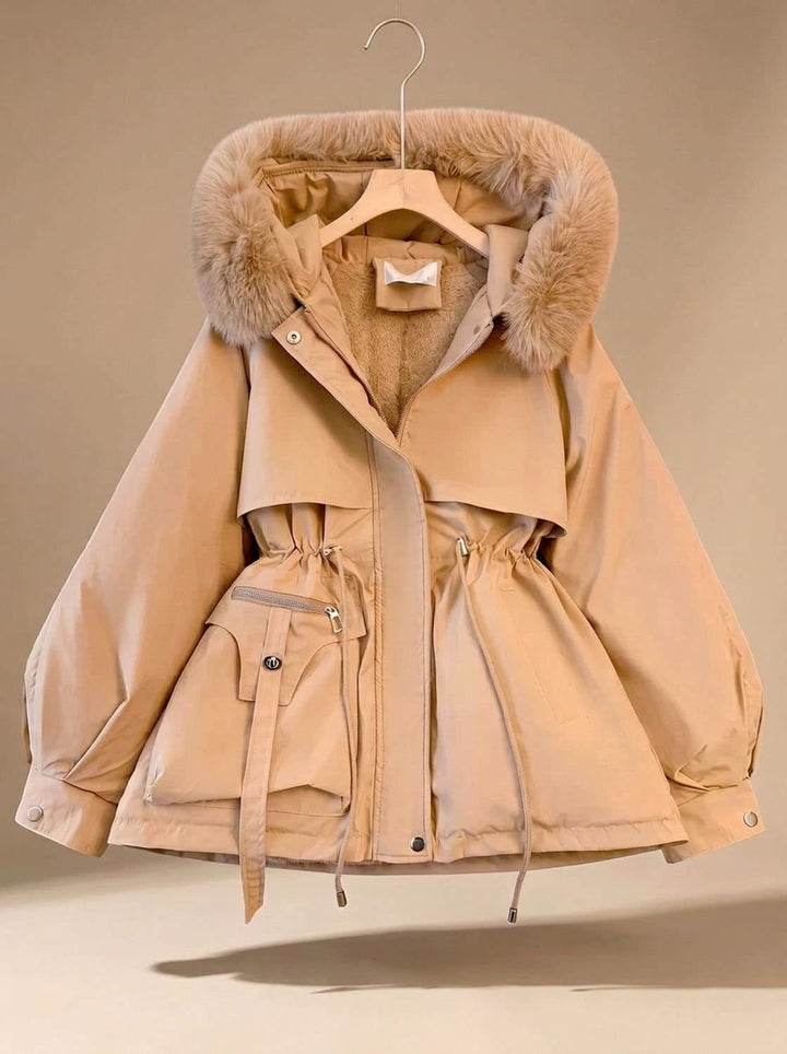 Women's Faux-Fur Hooded Drawstring Cinched Puffer Jacket - Khaki