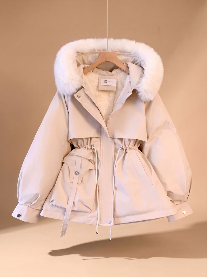 Women's Faux-Fur Hooded Drawstring Cinched Puffer Jacket - White