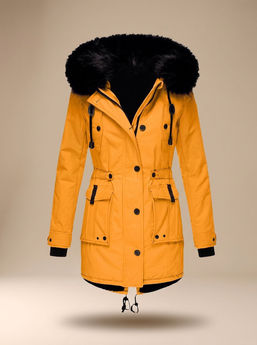 Women's Faux Fur Hooded Fleece-Lined Winter Parka Coat - Gold