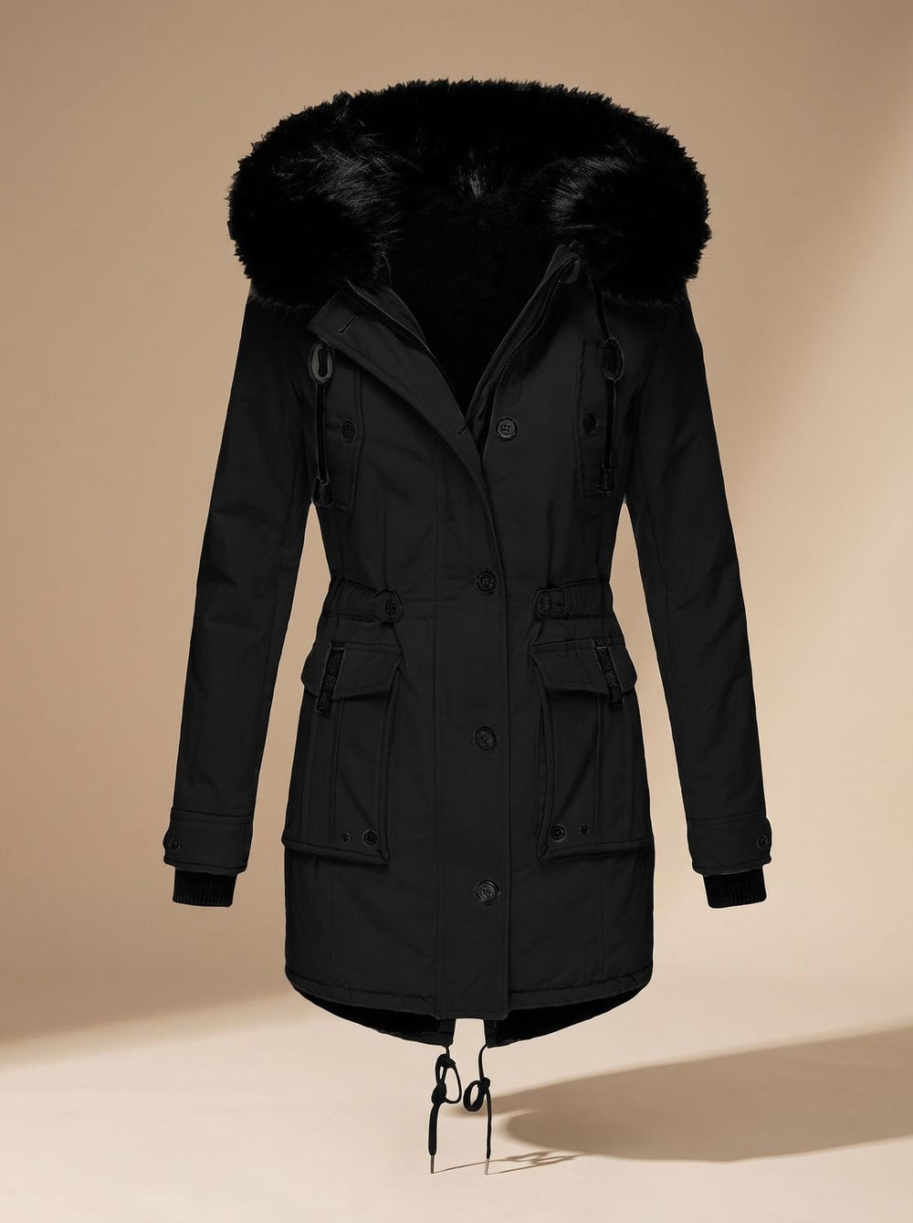 Women's Faux Fur Hooded Fleece-Lined Winter Parka Coat - Black