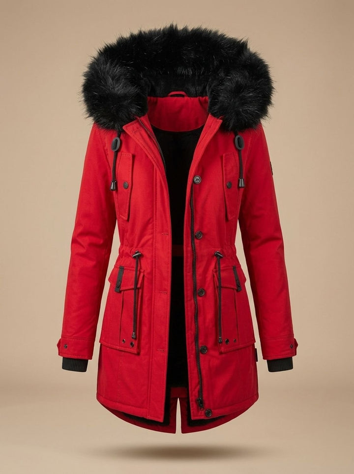 Women's Faux Fur Hooded Fleece-Lined Winter Parka Coat - Red
