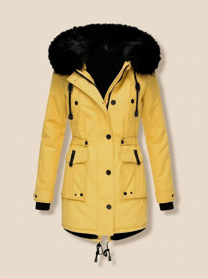 Women's Faux Fur Hooded Fleece-Lined Winter Parka Coat - Yellow