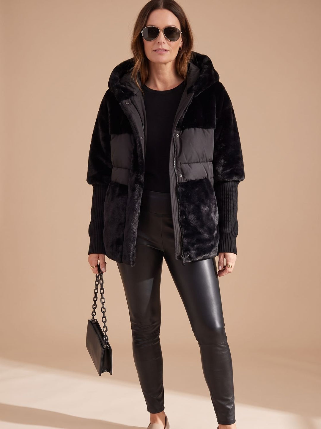Women's Faux Fur Hooded Quilted Puffer Jacket - Black