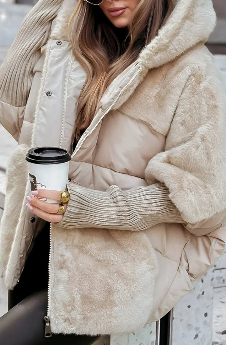 Women's Faux Fur Hooded Quilted Puffer Jacket - Beige