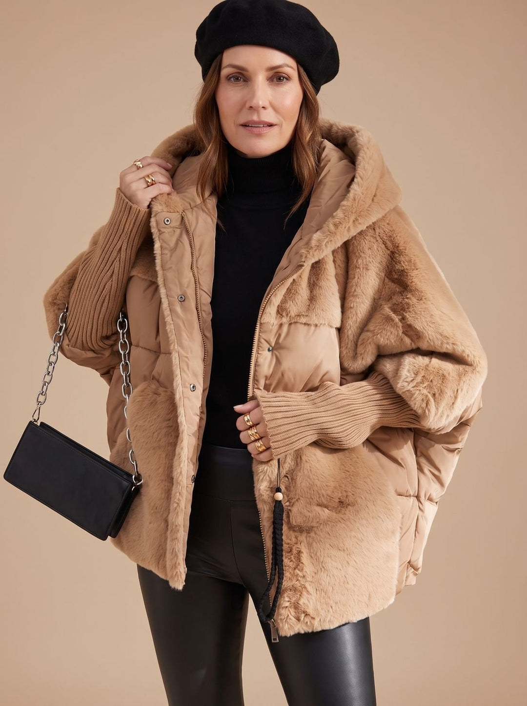 Women's Faux Fur Hooded Quilted Puffer Jacket - Brown