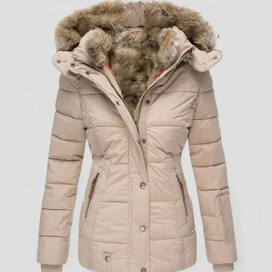 Women's Faux-Fur Hooded Quilted Puffer Winter Coat - Beige