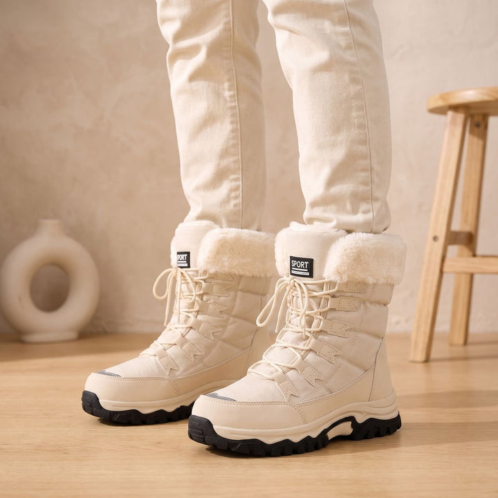 Women's Faux Fur Lace-Up Insulated Winter Snow Boots - Beige